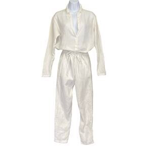 XiRENA Cream Drawstring Button-Front Long-Sleeve Jumpsuit